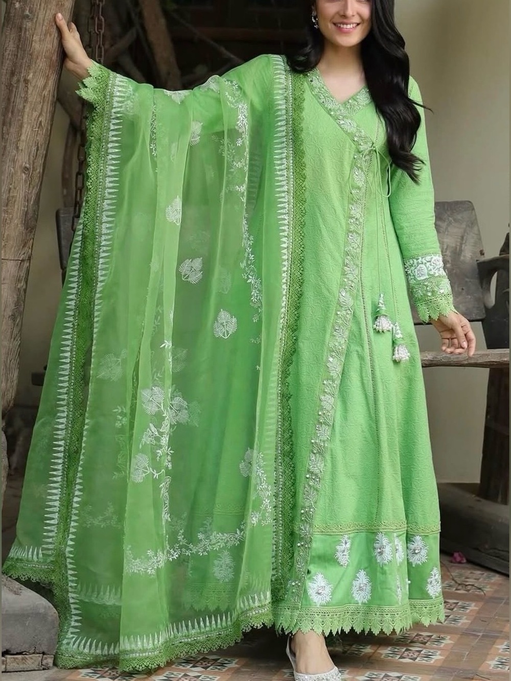 Light Green Embroidered Maxi Dress with Sheer Dupatta